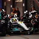 JEDDAH, SAUDI ARABIA - MARCH 27: Lewis Hamilton of Great Britain driving the (44) Mercedes AMG Petronas F1 Team W13 makes a pitstop during the F1 Grand Prix of Saudi Arabia at the Jeddah Corniche Circuit on March 27, 2022 in Jeddah, Saudi Arabia. (Photo by Mark Thompson/Getty Images)