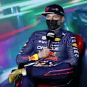 JEDDAH, SAUDI ARABIA - MARCH 27: Race winner Max Verstappen of the Netherlands and Oracle Red Bull Racing talks in the press conference after the F1 Grand Prix of Saudi Arabia at the Jeddah Corniche Circuit on March 27, 2022 in Jeddah, Saudi Arabia. (Photo by Dan Istitene/Getty Images)