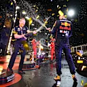 JEDDAH, SAUDI ARABIA - MARCH 27: Race winner Max Verstappen of the Netherlands and Oracle Red Bull Racing and Red Bull Racing Head of Car Engineering Paul Monaghan celebrate on the podium during the F1 Grand Prix of Saudi Arabia at the Jeddah Corniche Circuit on March 27, 2022 in Jeddah, Saudi Arabia. (Photo by Dan Istitene - Formula 1/Formula 1 via Getty Images)