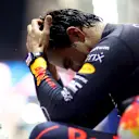 SINGAPORE, SINGAPORE - OCTOBER 02: Race winner Sergio Perez of Mexico and Oracle Red Bull Racing celebrates in parc ferme during the F1 Grand Prix of Singapore at Marina Bay Street Circuit on October 02, 2022 in Singapore, Singapore. (Photo by Dan Istitene - Formula 1/Formula 1 via Getty Images)
