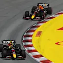 BARCELONA, SPAIN - MAY 22: Sergio Perez of Mexico driving the (11) Oracle Red Bull Racing RB18 leads Max Verstappen of the Netherlands driving the (1) Oracle Red Bull Racing RB18 during the F1 Grand Prix of Spain at Circuit de Barcelona-Catalunya on May 22, 2022 in Barcelona, Spain. (Photo by Bryn Lennon - Formula 1/Formula 1 via Getty Images)