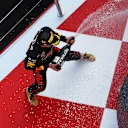 BARCELONA, SPAIN - MAY 22: Race winner Max Verstappen of the Netherlands and Oracle Red Bull Racing celebrates on the podium during the F1 Grand Prix of Spain at Circuit de Barcelona-Catalunya on May 22, 2022 in Barcelona, Spain. (Photo by Lars Baron/Getty Images)