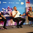 AUSTIN, TEXAS - OCTOBER 22: (L-R) Alfa Romeo Racing Team Principal Frederic Vasseur, Haas F1 Team Principal Guenther Steiner and Director of Pirelli F1 Mario Isola attend the Team Principals Press Conference prior to final practice ahead of the F1 Grand Prix of USA at Circuit of The Americas on October 22, 2022 in Austin, Texas. (Photo by Clive Mason/Getty Images)