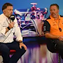 AUSTIN, TEXAS - OCTOBER 22: Jost Capito, CEO of Williams F1 and McLaren Chief Executive Officer Zak Brown attend the Team Principals Press Conference prior to final practice ahead of the F1 Grand Prix of USA at Circuit of The Americas on October 22, 2022 in Austin, Texas. (Photo by Clive Mason/Getty Images)