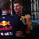 AUSTIN, TEXAS - OCTOBER 23: Race winner Max Verstappen of the Netherlands and Oracle Red Bull Racing and Red Bull Racing Team Principal Christian Horner embrace in parc ferme following the F1 Grand Prix of USA at Circuit of The Americas on October 23, 2022 in Austin, Texas. (Photo by Dan Istitene - Formula 1/Formula 1 via Getty Images)