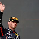 AUSTIN, TEXAS - OCTOBER 23: Race winner Max Verstappen of the Netherlands and Oracle Red Bull Racing celebrates on the podium following the F1 Grand Prix of USA at Circuit of The Americas on October 23, 2022 in Austin, Texas. (Photo by Chris Graythen/Getty Images)
