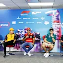 AUSTIN, TEXAS - OCTOBER 20: (L-R) Valtteri Bottas of Finland and Alfa Romeo F1, Lando Norris of Great Britain and McLaren, Carlos Sainz of Spain and Ferrari, Lance Stroll of Canada and Aston Martin F1 Team and Sergio Perez of Mexico and Oracle Red Bull Racing attend the Drivers Press Conference during previews ahead of the F1 Grand Prix of USA at Circuit of The Americas on October 20, 2022 in Austin, Texas. (Photo by Jared C. Tilton/Getty Images)