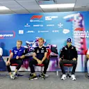 AUSTIN, TEXAS - OCTOBER 20: (L-R) Lewis Hamilton of Great Britain and Mercedes, Kevin Magnussen of Denmark and Haas F1, Alexander Albon of Thailand and Williams, Esteban Ocon of France and Alpine F1 and Pierre Gasly of France and Scuderia AlphaTauri attend the Drivers Press Conference during previews ahead of the F1 Grand Prix of USA at Circuit of The Americas on October 20, 2022 in Austin, Texas. (Photo by Jared C. Tilton/Getty Images)