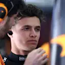 BAHRAIN, BAHRAIN - MARCH 03: Lando Norris of Great Britain driving the (4) McLaren MCL60 Mercedes looks on in the garage during practice ahead of the F1 Grand Prix of Bahrain at Bahrain International Circuit on March 03, 2023 in Bahrain, Bahrain. (Photo by Lars Baron/Getty Images)