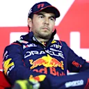 BAHRAIN, BAHRAIN - MARCH 04: Second placed qualifier Sergio Perez of Mexico and Oracle Red Bull Racing attends the press conference after qualifying ahead of the F1 Grand Prix of Bahrain at Bahrain International Circuit on March 04, 2023 in Bahrain, Bahrain. (Photo by Dan Istitene/Getty Images)