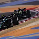 BAHRAIN, BAHRAIN - MARCH 05: Fernando Alonso of Spain driving the (14) Aston Martin AMR23 Mercedes leads Lewis Hamilton of Great Britain driving the (44) Mercedes AMG Petronas F1 Team W14 during the F1 Grand Prix of Bahrain at Bahrain International Circuit on March 05, 2023 in Bahrain, Bahrain. (Photo by Joe Portlock - Formula 1/Formula 1 via Getty Images)