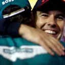 BAHRAIN, BAHRAIN - MARCH 05: Second placed Sergio Perez of Mexico and Oracle Red Bull Racing congratulates Third placed Fernando Alonso of Spain and Aston Martin F1 Team in parc ferme during the F1 Grand Prix of Bahrain at Bahrain International Circuit on March 05, 2023 in Bahrain, Bahrain. (Photo by Dan Istitene - Formula 1/Formula 1 via Getty Images)