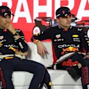 BAHRAIN, BAHRAIN - MARCH 05: Race winner Max Verstappen of the Netherlands and Oracle Red Bull Racing and Second placed Sergio Perez of Mexico and Oracle Red Bull Racing attend the press conference after the F1 Grand Prix of Bahrain at Bahrain International Circuit on March 05, 2023 in Bahrain, Bahrain. (Photo by Lars Baron/Getty Images)