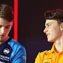 BAHRAIN, BAHRAIN - MARCH 02: Logan Sargeant of United States and Williams and Oscar Piastri of Australia and McLaren attend the Drivers Press Conference during previews ahead of the F1 Grand Prix of Bahrain at Bahrain International Circuit on March 02, 2023 in Bahrain, Bahrain. (Photo by Lars Baron/Getty Images)