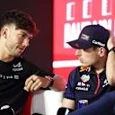 BAHRAIN, BAHRAIN - MARCH 02: Pierre Gasly of France and Alpine F1 and Max Verstappen of the Netherlands and Oracle Red Bull Racing talk in the Drivers Press Conference during previews ahead of the F1 Grand Prix of Bahrain at Bahrain International Circuit on March 02, 2023 in Bahrain, Bahrain. (Photo by Lars Baron/Getty Images)