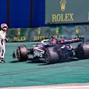 SAO PAULO, BRAZIL - NOVEMBER 5: Kevin Magnussen of Denmark and Haas F1 walks away from his car after crashing at turn 1 during the F1 Grand Prix of Brazil at Autodromo Jose Carlos Pace on November 3, 2023 in Sao Paulo, Brazil (Photo by Kym Illman/Getty Images)