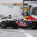 Hamilton and Webber tangled at Turn 1 when the Safety Car came into the pits and racing began