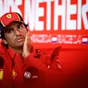 Ferrari's Spanish driver Carlos Sainz Jr gestures during a press conference ahead of the Dutch Formula One Grand Prix, in the coastal town of Zandvoort on August 24, 2023. The 2023 Dutch Grand Prix will take place on August 27, 2023. (Photo by Simon Wohlfahrt / AFP) (Photo by SIMON WOHLFAHRT/AFP via Getty Images)