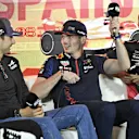 (From L) Alpine's French driver Esteban Ocon, Red Bull Racing's Dutch driver Max Verstappen and Mercedes' British driver George Russell attend a press conference ahead of the Spanish Formula One Grand Prix at the Circuit de Catalunya on June 1, 2023 in Montmelo, on the outskirts of Barcelona. (Photo by JAVIER SORIANO / AFP) (Photo by JAVIER SORIANO/AFP via Getty Images)