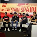 (From L) Haas F1 Team's German driver Nico Hulkenberg, Alfa Romeo's Chinese driver Zhou Guanyu, Alpine's French driver Esteban Ocon, Red Bull Racing's Dutch driver Max Verstappen and Mercedes' British driver George Russell address a press conference ahead of the Spanish Formula One Grand Prix at the Circuit de Catalunya on June 1, 2023 in Montmelo, on the outskirts of Barcelona. (Photo by JAVIER SORIANO / AFP) (Photo by JAVIER SORIANO/AFP via Getty Images)