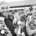 Taruffi (left) celebrates a second-place finish at Silverstone in 1952 alongside race winner Ascari
