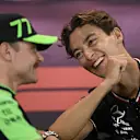 Kick Sauber's Finnish driver Valtteri Bottas (L) and Mercedes' British driver George Russell take part in a press conference ahead of the Formula One Singapore Grand Prix night race at the Marina Bay Street Circuit in Singapore on September 19, 2024. (Photo by Lillian SUWANRUMPHA / AFP) (Photo by LILLIAN SUWANRUMPHA/AFP via Getty Images)