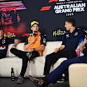 MELBOURNE, AUSTRALIA - MARCH 13: Max Verstappen of the Netherlands and Oracle Red Bull Racing, Oscar Piastri of Australia and McLaren, and Jack Doohan of Australia and Alpine F1 in the Press Conference during previews ahead of the F1 Grand Prix of Australia at Albert Park Grand Prix Circuit on March 13, 2025 in Melbourne, Australia. (Photo by Sam Bagnall/Sutton Images)