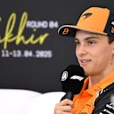 BAHRAIN, BAHRAIN - APRIL 10: Oscar Piastri of Australia and McLaren speaks in the Drivers Press Conference during previews ahead of the F1 Grand Prix of Bahrain at Bahrain International Circuit on April 10, 2025 in Bahrain, Bahrain. (Photo by Sam Bagnall/Sutton Images)