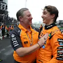 SHANGHAI, CHINA - MARCH 23: Zak Brown, Chief Executive Officer of McLaren and Race winner Oscar Piastri of Australia and McLaren celebrate in parc ferme during the F1 Grand Prix of China at Shanghai International Circuit on March 23, 2025 in Shanghai, China. (Photo by Steven Tee/LAT Images)