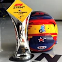 Sparkles stuck around on Carlos Sainz's lid following the Azerbaijan Grand Prix