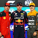 ABU DHABI, UNITED ARAB EMIRATES - NOVEMBER 25: Pole position qualifier Max Verstappen of the Netherlands and Oracle Red Bull Racing (C), Second placed qualifier Charles Leclerc of Monaco and Ferrari (L) and Third placed qualifier Oscar Piastri of Australia and McLaren (R) pose for a photo in parc ferme during qualifying ahead of the F1 Grand Prix of Abu Dhabi at Yas Marina Circuit on November 25, 2023 in Abu Dhabi, United Arab Emirates. (Photo by Mark Thompson/Getty Images)