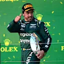 MELBOURNE, AUSTRALIA - APRIL 02: Third placed Fernando Alonso of Spain and Aston Martin F1 Team celebrates on the podium during the F1 Grand Prix of Australia at Albert Park Grand Prix Circuit on April 02, 2023 in Melbourne, Australia. (Photo by Quinn Rooney/Getty Images)