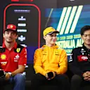 MELBOURNE, AUSTRALIA - MARCH 30: Charles Leclerc of Monaco and Ferrari, Lando Norris of Great Britain and McLaren and Zhou Guanyu of China and Alfa Romeo F1 attend the Drivers Press Conference during previews ahead of the F1 Grand Prix of Australia at Albert Park Grand Prix Circuit on March 30, 2023 in Melbourne, Australia. (Photo by Dan Istitene/Getty Images)