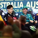 MELBOURNE, AUSTRALIA - MARCH 30: Fernando Alonso of Spain and Aston Martin F1 Team looks on in the Drivers Press Conference with Oscar Piastri of Australia and McLaren, Zhou Guanyu of China and Alfa Romeo F1 and Max Verstappen of the Netherlands and Oracle Red Bull Racing during previews ahead of the F1 Grand Prix of Australia at Albert Park Grand Prix Circuit on March 30, 2023 in Melbourne, Australia. (Photo by Dan Istitene/Getty Images)