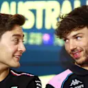 MELBOURNE, AUSTRALIA - MARCH 30: George Russell of Great Britain and Mercedes talks with Pierre Gasly of France and Alpine F1 in the Drivers Press Conference during previews ahead of the F1 Grand Prix of Australia at Albert Park Grand Prix Circuit on March 30, 2023 in Melbourne, Australia. (Photo by Dan Istitene/Getty Images)