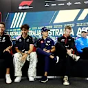 MELBOURNE, AUSTRALIA - MARCH 30: George Russell of Great Britain and Mercedes, Pierre Gasly of France and Alpine F1, Nyck de Vries of Netherlands and Scuderia AlphaTauri, Nico Hulkenberg of Germany and Haas F1 and Logan Sargeant of United States and Williams attend the Drivers Press Conference during previews ahead of the F1 Grand Prix of Australia at Albert Park Grand Prix Circuit on March 30, 2023 in Melbourne, Australia. (Photo by Dan Istitene/Getty Images)