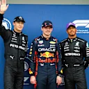 MELBOURNE, AUSTRALIA - APRIL 01: George Russell of Mercedes and Great Britain, Max Verstappen of Red Bull Racing and The Netherlands and Lewis Hamilton of Mercedes and Great Britain during qualifying ahead of the F1 Grand Prix of Australia at Albert Park Grand Prix Circuit on April 01, 2023 in Melbourne, Australia. (Photo by Peter Fox/Getty Images)