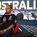 MELBOURNE, AUSTRALIA - APRIL 01: Third placed qualifier Lewis Hamilton of Great Britain and Mercedes attends the press conference after qualifying ahead of the F1 Grand Prix of Australia at Albert Park Grand Prix Circuit on April 01, 2023 in Melbourne, Australia. (Photo by Robert Cianflone/Getty Images)