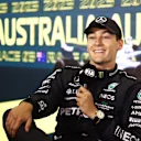 MELBOURNE, AUSTRALIA - APRIL 01: Second placed qualifier George Russell of Great Britain and Mercedes attends the press conference after qualifying ahead of the F1 Grand Prix of Australia at Albert Park Grand Prix Circuit on April 01, 2023 in Melbourne, Australia. (Photo by Robert Cianflone/Getty Images)
