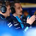 MELBOURNE, AUSTRALIA - APRIL 01: Logan Sargeant of United States and Williams speaks with his race engineer aetan Jego in the garage during final practice ahead of the F1 Grand Prix of Australia at Albert Park Grand Prix Circuit on April 01, 2023 in Melbourne, Australia. (Photo by Dan Istitene - Formula 1/Formula 1 via Getty Images)