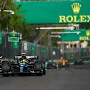 BAKU, AZERBAIJAN - APRIL 30: Lewis Hamilton of Great Britain driving the (44) Mercedes AMG Petronas F1 Team W14 leads Fernando Alonso of Spain driving the (14) Aston Martin AMR23 Mercedes on track during the F1 Grand Prix of Azerbaijan at Baku City Circuit on April 30, 2023 in Baku, Azerbaijan. (Photo by Joe Portlock - Formula 1/Formula 1 via Getty Images)