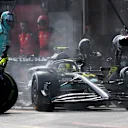 BAKU, AZERBAIJAN - APRIL 30: Lewis Hamilton of Great Britain driving the (44) Mercedes AMG Petronas F1 Team W14 comes in for a pitstop during the F1 Grand Prix of Azerbaijan at Baku City Circuit on April 30, 2023 in Baku, Azerbaijan. (Photo by Rudy Carezzevoli/Getty Images)