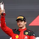 BAKU, AZERBAIJAN - APRIL 30: Third placed Charles Leclerc of Monaco and Ferrari celebrates on the podium during the F1 Grand Prix of Azerbaijan at Baku City Circuit on April 30, 2023 in Baku, Azerbaijan. (Photo by Alex Pantling/Getty Images)