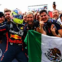 BAKU, AZERBAIJAN - APRIL 30: Race winner Sergio Perez of Mexico and Oracle Red Bull Racing celebrates with teammates in parc ferme during the F1 Grand Prix of Azerbaijan at Baku City Circuit on April 30, 2023 in Baku, Azerbaijan. (Photo by Mark Thompson/Getty Images)