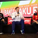 BAKU, AZERBAIJAN - APRIL 28: Alessandro Alunni Bravi, Team Representative of Alfa Romeo F1, James Vowles, Team Principal of Williams, and Ferrari Team Principal Frederic Vasseur attend the Team Principals Press Conference during practice ahead of the F1 Grand Prix of Azerbaijan at Baku City Circuit on April 28, 2023 in Baku, Azerbaijan. (Photo by Dan Mullan/Getty Images)