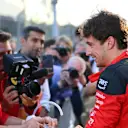 BAKU, AZERBAIJAN - APRIL 28: Pole position qualifier Charles Leclerc of Monaco and Ferrari celebrates in parc ferme during qualifying ahead of the F1 Grand Prix of Azerbaijan at Baku City Circuit on April 28, 2023 in Baku, Azerbaijan. (Photo by Dan Mullan - Formula 1/Formula 1 via Getty Images)