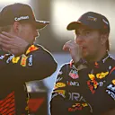 BAKU, AZERBAIJAN - APRIL 28: Second placed qualifier Max Verstappen of the Netherlands and Oracle Red Bull Racing and Third placed qualifier Sergio Perez of Mexico and Oracle Red Bull Racing look on in parc ferme during qualifying ahead of the F1 Grand Prix of Azerbaijan at Baku City Circuit on April 28, 2023 in Baku, Azerbaijan. (Photo by Mark Thompson/Getty Images)