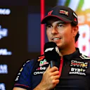 BAKU, AZERBAIJAN - APRIL 27: Sergio Perez of Mexico and Oracle Red Bull Racing talks in a press conference during previews ahead of the F1 Grand Prix of Azerbaijan at Baku City Circuit on April 27, 2023 in Baku, Azerbaijan. (Photo by Bryn Lennon/Getty Images)