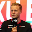 BAKU, AZERBAIJAN - APRIL 27: Kevin Magnussen of Denmark and Haas F1 talks in a press conference during previews ahead of the F1 Grand Prix of Azerbaijan at Baku City Circuit on April 27, 2023 in Baku, Azerbaijan. (Photo by Bryn Lennon/Getty Images)