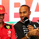 BAKU, AZERBAIJAN - APRIL 27: Lewis Hamilton of Great Britain and Mercedes and Carlos Sainz of Spain and Ferrari talk in a press conference during previews ahead of the F1 Grand Prix of Azerbaijan at Baku City Circuit on April 27, 2023 in Baku, Azerbaijan. (Photo by Bryn Lennon/Getty Images)